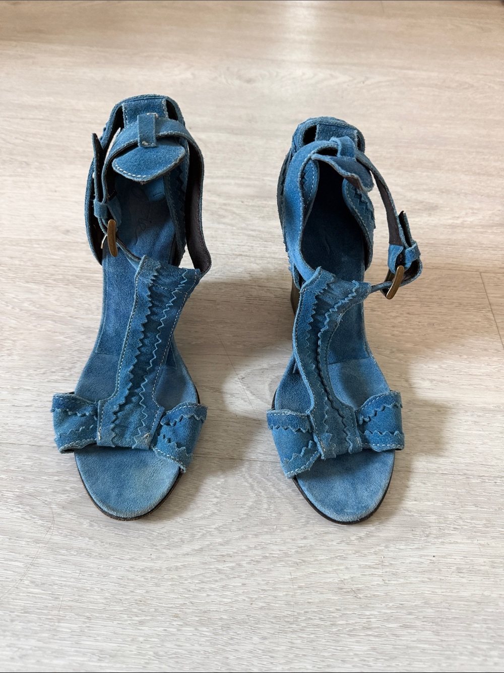Joie Teal Suede Scalloped Ankle-Strap Heels with Bow Accent